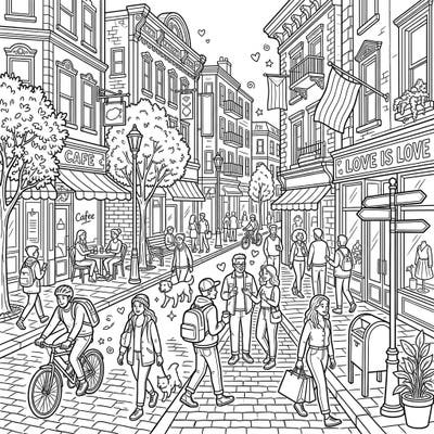 Bring a lively urban landscape to life with your colors. This intricate street scene features diverse people, charming cafes, and detailed architecture, offering a truly immersive coloring experience for all.