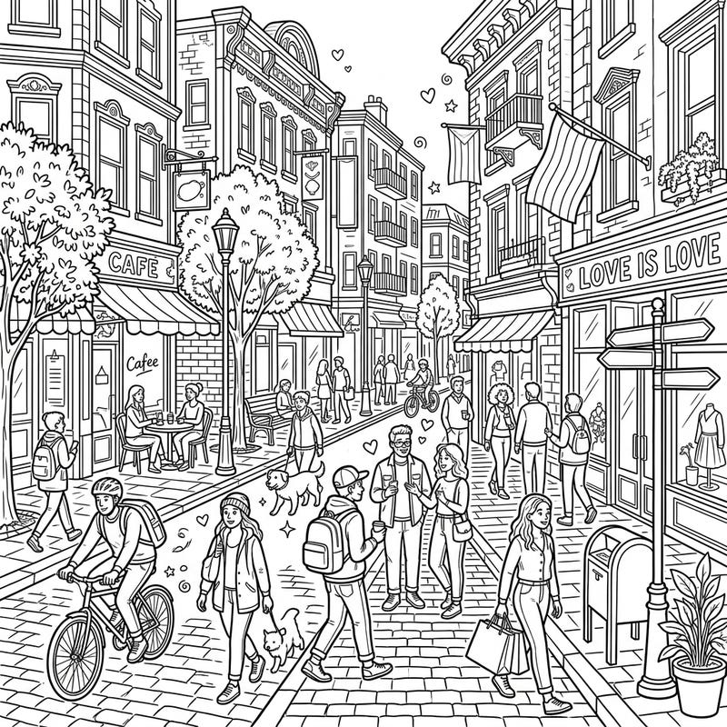 Bring a lively urban landscape to life with your colors. This intricate street scene features diverse people, charming cafes, and detailed architecture, offering a truly immersive coloring experience for all.