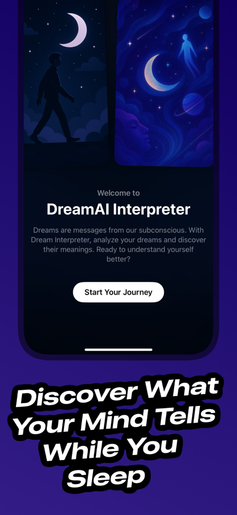 Welcome screen of the Dream Meaning AI Interpreter app featuring dream-themed illustrations and a start journey button.