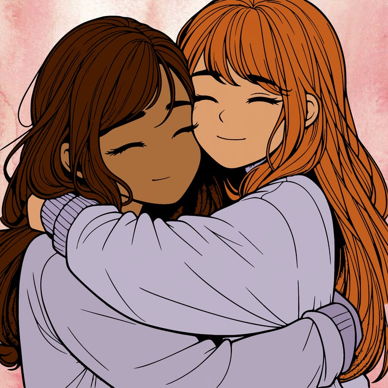 realistic two girls hugging