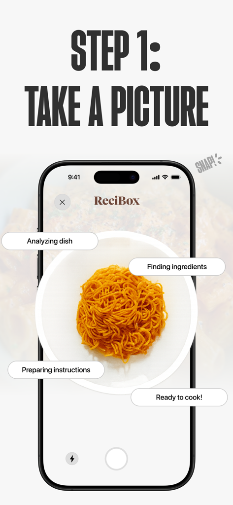 ReciBox - Picture to Recipe - Pantalla de smartphone que muestra la interfaz de la aplicación ReciBox mientras analiza una foto de un plato de pasta para generar una receta.