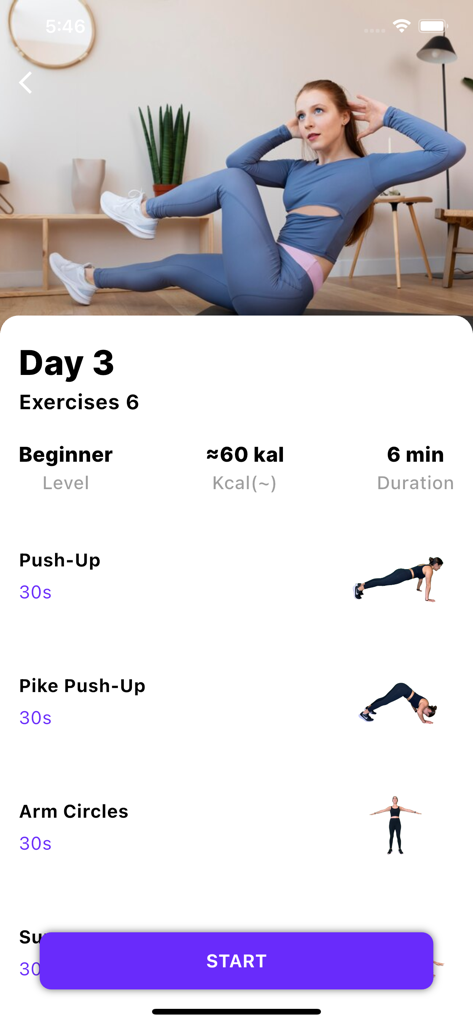 Asian Pilates: Daily Pilates - Una interfaz de aplicación móvil que muestra un plan de entrenamiento de Pilates para principiantes del Día 3, que incluye ejercicios como flexiones y círculos de brazos.