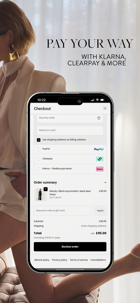 Tela de checkout do aplicativo Club L London com opções de pagamento flexíveis como Klarna e Clearpay