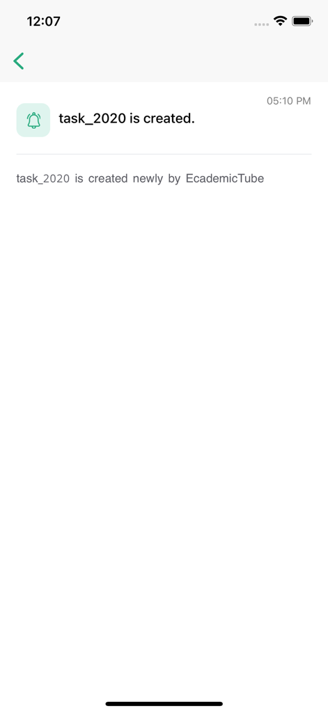 Captura de pantalla de una notificación en la aplicación EcademicTube confirmando la creación de una nueva tarea