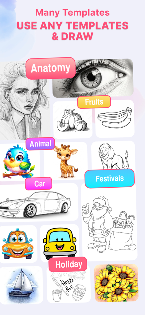 AR描画アプリの解剖学、動物、車、休日のためのさまざまな描画テンプレートを示すギャラリー