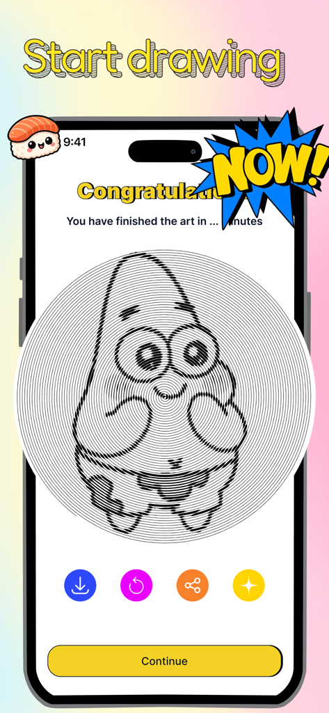 Spiral Art: Portrait Drawing - Un smartphone que muestra un dibujo de arte en espiral completo de un personaje de dibujos animados