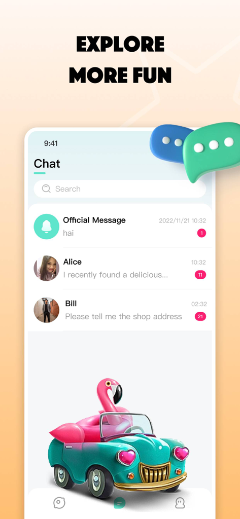 andu - Interface of the andu app showing the chat section with friend messages