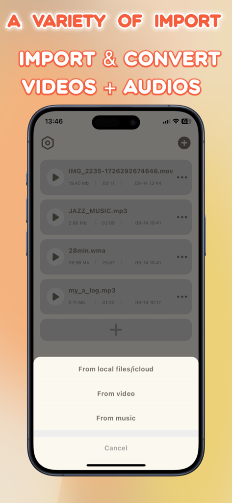 MP3 Converter & Ringtone Maker - Interfaz de la aplicación MP3 Converter and Ringtone Maker mostrando múltiples opciones para importar archivos de video y audio