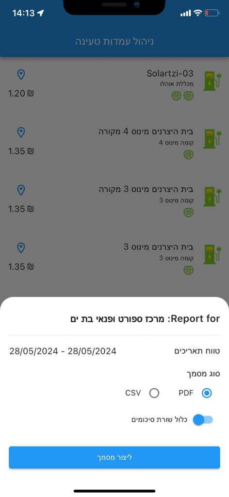 IPcharge - IPcharge app interface showing a report generation popup over a list of electric vehicle charging stations