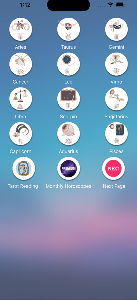 Main menu of the Horoscopes by Terry Nazon app showing icons for twelve zodiac signs tarot reading and monthly horoscopes