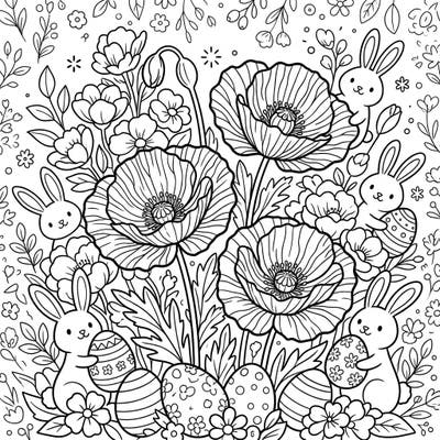 Dive into the festive spirit of Easter with this delightful coloring page, combining the unique beauty of crinkled poppies with adorable bunnies. Discover a charming spring scene filled with decorated eggs and blossoming flowers, perfect for a relaxing creative escape.