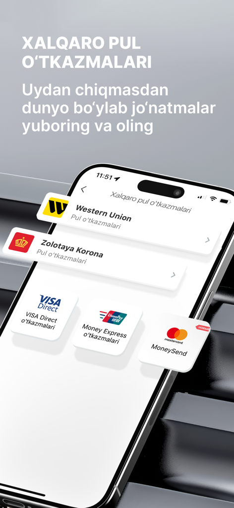 International money transfer interface of the Ipak Yuli Mobile app showing Western Union and Visa Direct options