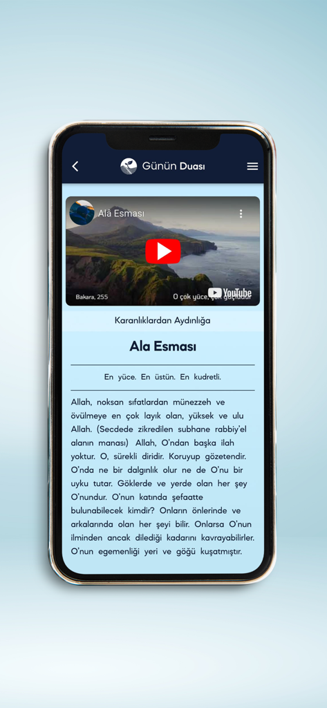 Gunun Duasiアプリの画面、Ala Esmasiに関する宗教的なビデオとトルコ語のテキストを表示