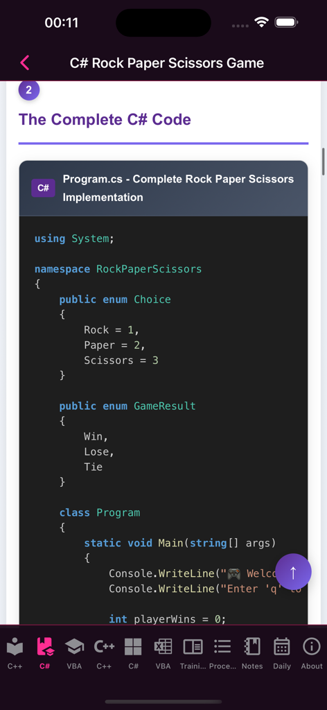 MSDev Academy - C Sharp-Codeimplementierung für ein Stein-Schere-Papier-Spielprojekt in der MSDev Academy App