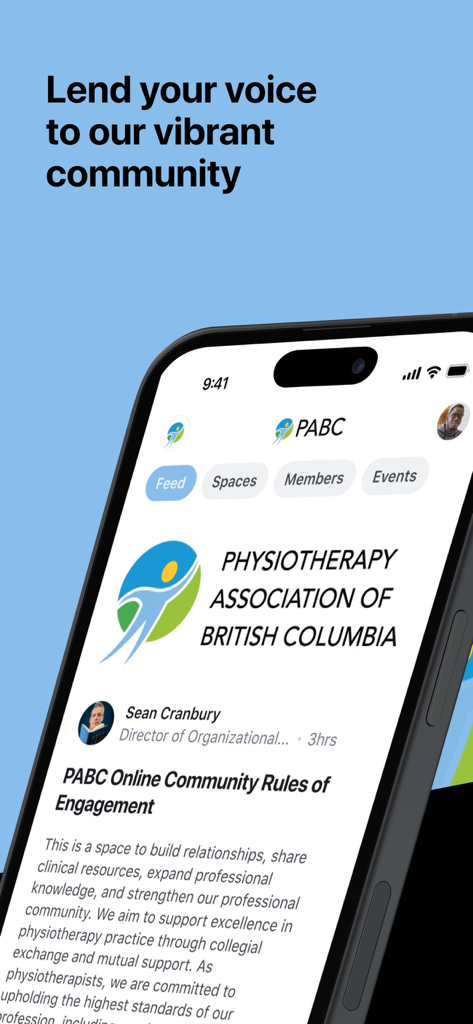 BC Physio Online Community - Tela de smartphone exibindo o feed do aplicativo Comunidade Online BC Physio e categorias de navegação