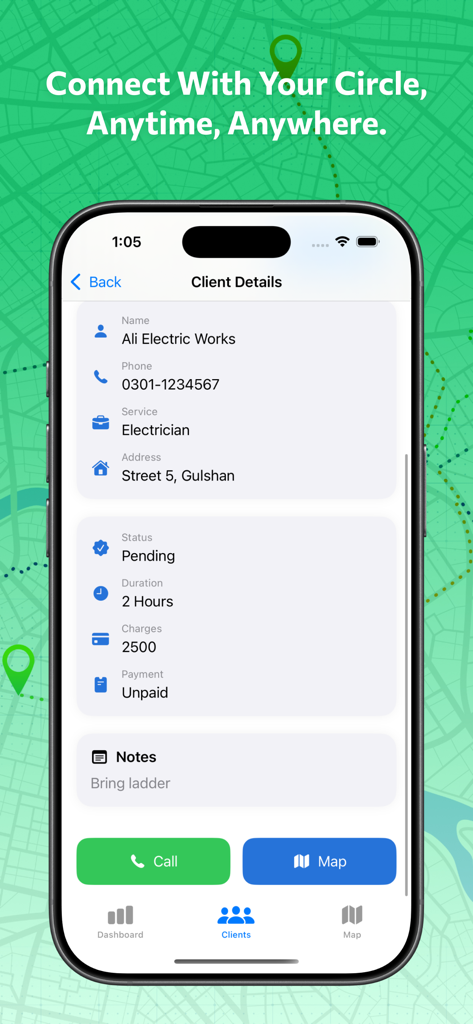 A mobile screen showing professional client details like service type duration and billing charges for business organization