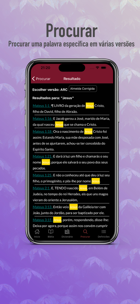 Search screen of the Portuguese Bible app showing highlighted search results for the word Jesus in the Book of Matthew.