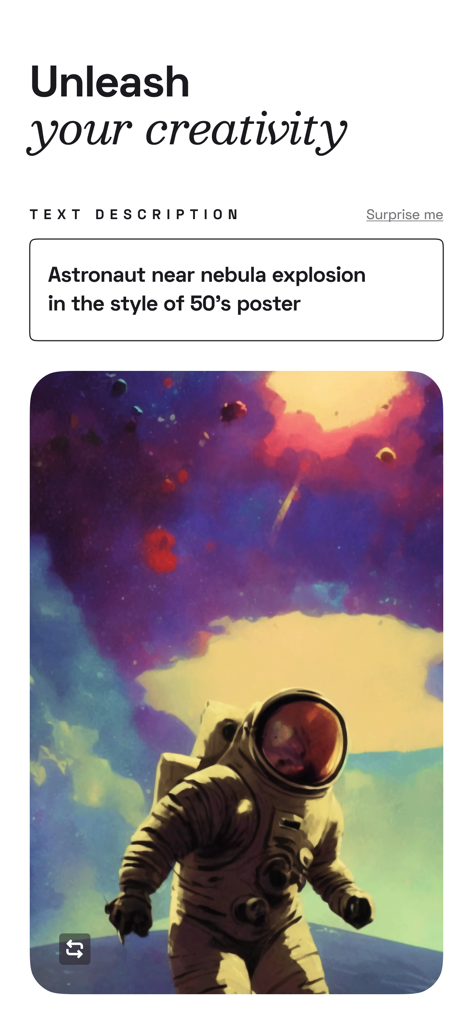 Create AIアプリのインターフェースで、50年代のポスタースタイルで星雲の爆発の近くにいる宇宙飛行士のAI生成画像。