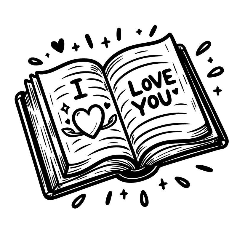 open book saying i love you with in it with a heart