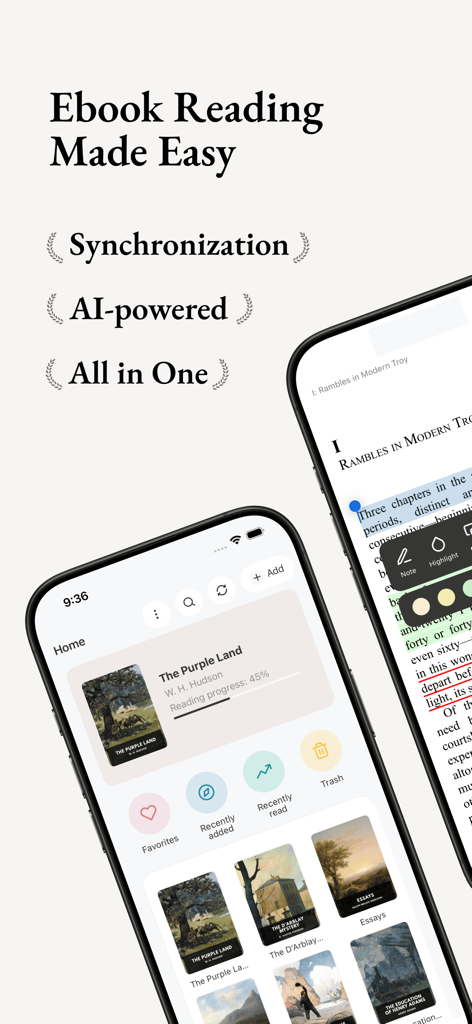 Koodo Reader - Koodo Reader ebook app interface on iPhone displaying library management and AI-powered synchronization features.