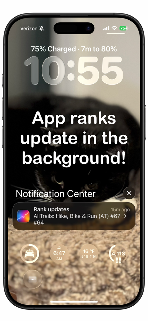 App Rank Chart Tracker: Rankor - iPhone lock screen showing a Rankor background update notification for an app rank change.