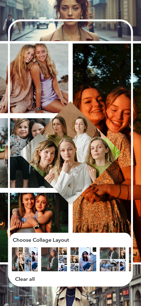 Interface of a photo editing app displaying various collage layout options and a photo grid