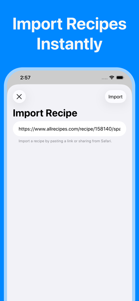 Recipes: Recipe Keeper - A screenshot of the Recipes app showing the interface to instantly import recipes from the web using a URL link.