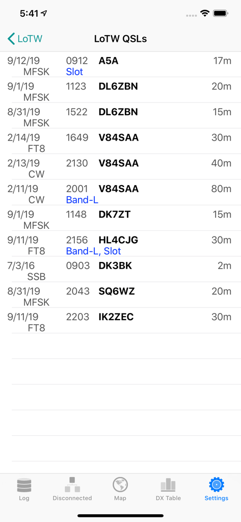 List of LoTW QSL contact logs in the RUMlogNG2Go app