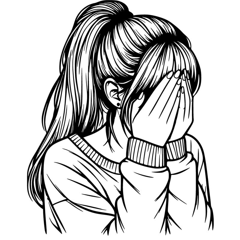 realistic girl in a ponytail covering her face with her hands