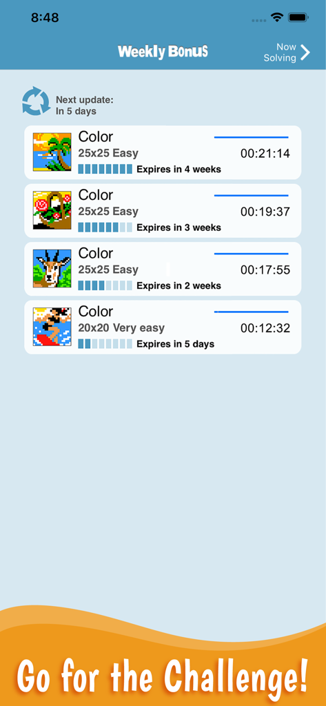 La pantalla de Bonificación Semanal de Link-a-Pix mostrando una lista de coloridos puzles de lógica con miniaturas de pixel art.
