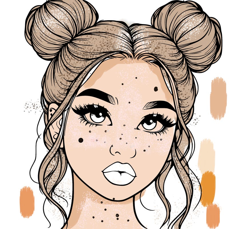 realistic girl with two buns on her hair and lips