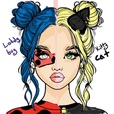 realistic girl with two buns in hair and lips