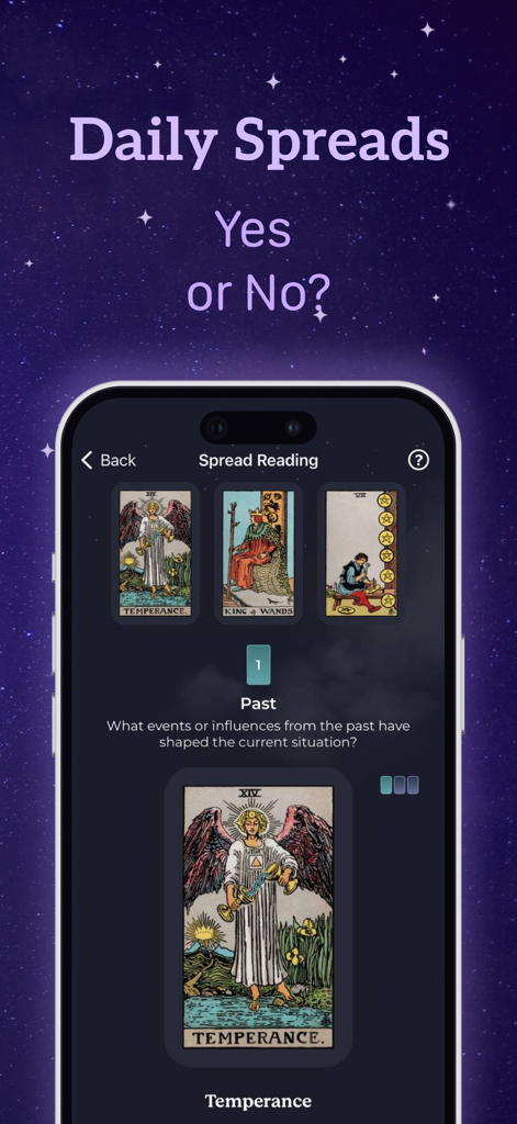 TarotX: Tarot Card Reading - TarotX app screen showing a daily tarot card spread with the Temperance card and past reading description