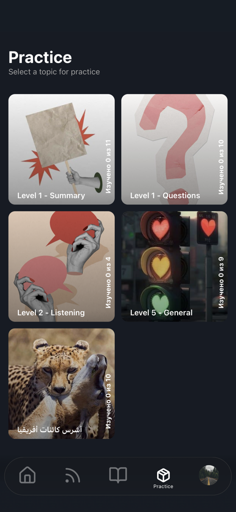 Captura de pantalla de la sección Práctica en la aplicación Grammar Arabic Language que muestra varios niveles de aprendizaje, incluyendo Resumen, Preguntas, Escuchar y General.