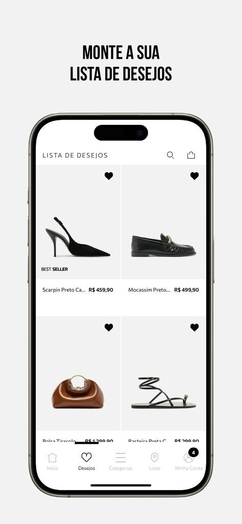 AREZZO - Mobile screen of the Arezzo app showing the wishlist feature with fashion footwear and accessories.