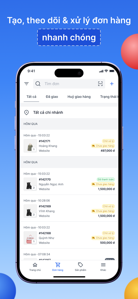 Haravan - Haravan app interface showing a list of customer orders with status and pricing details