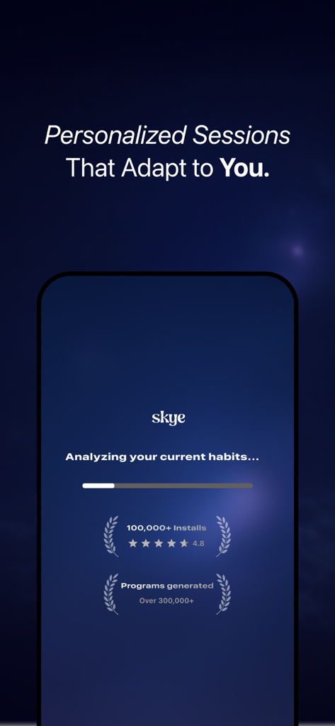 Skye - Rewire your Mind - Skye app screen analyzing user habits for personalized manifestation sessions with user ratings and install counts