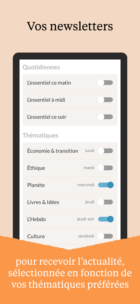 Tela de assinatura de newsletters diárias e temáticas no aplicativo La Croix