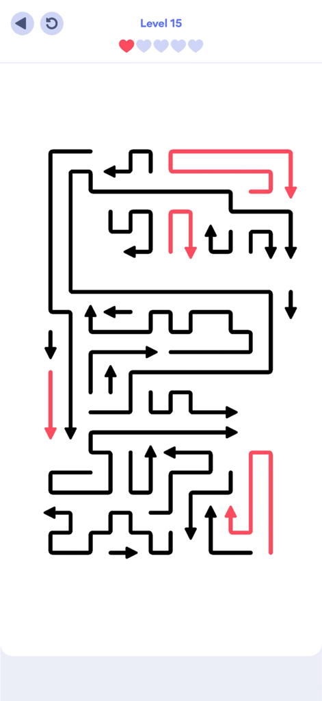 Minimalist logic puzzle level in Arrows Puzzle Escape with tangled black and red arrows
