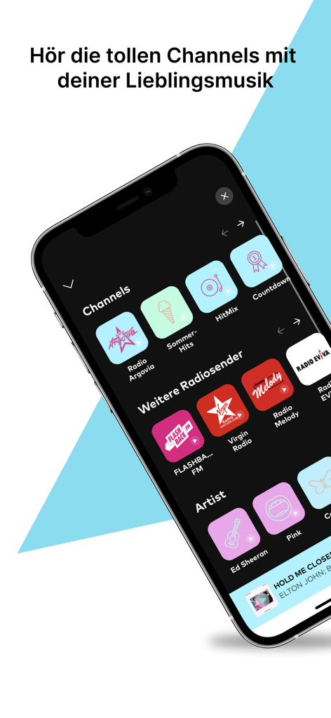 Interface da aplicação Radio Argovia mostrando vários canais de música e categorias de artistas.
