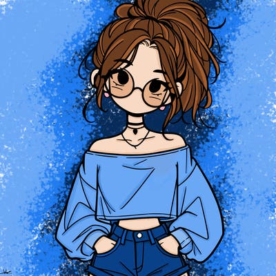 girl with a messy ponytail glasses a baggy crop top and jean shorts