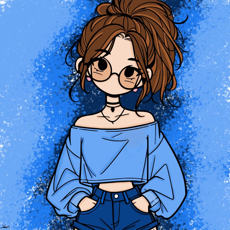 girl with a messy ponytail glasses a baggy crop top and jean shorts