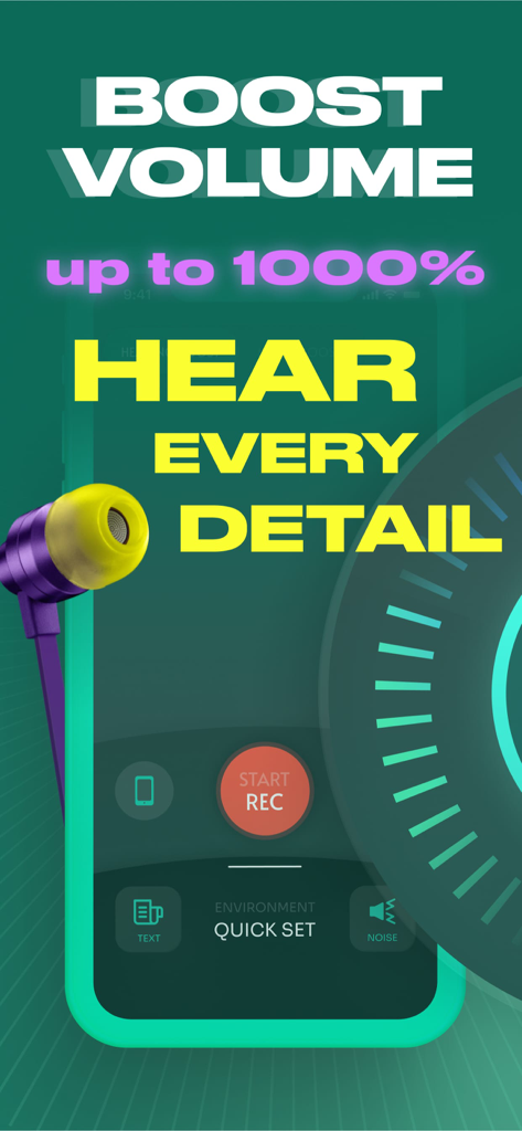 Smartphone screen showcasing sound amplifier app with a thousand percent volume boost and recording features