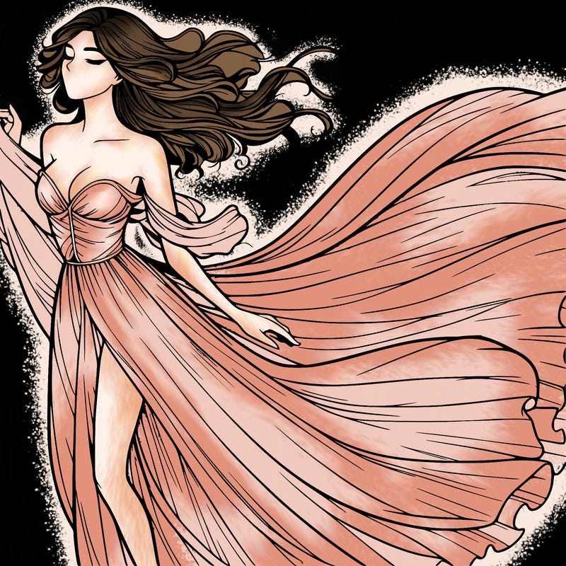 realistic woman in dress flowing the the wind