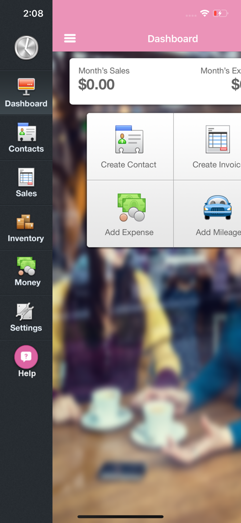 Pink Office app dashboard showing sales tracking and quick action buttons for contacts and expenses