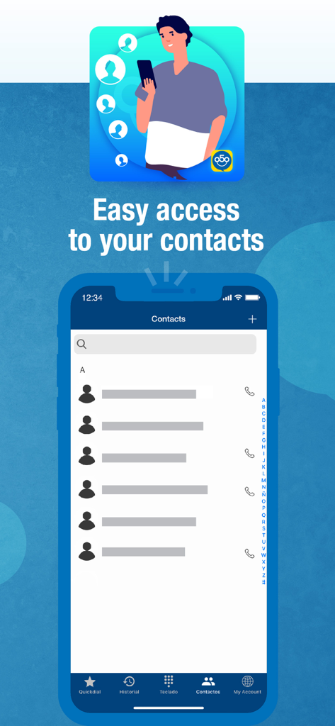 My 050 - My 050 app interface showing the contact list screen with a headline that says easy access to your contacts.