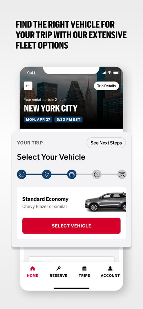 Avis - Car Rental - Avis mobile app interface showing vehicle selection for a car rental in New York City