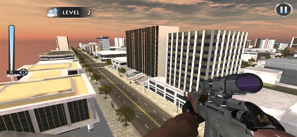 Sniper Shooter Soldier Strike - First person view of a sniper rifle aimed from a rooftop over a city street at sunset.