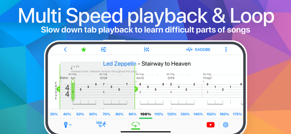 Songsterr 앱 인터페이스에 다중 속도 재생 및 루프 기능이 있는 기타 탭이 표시됩니다.