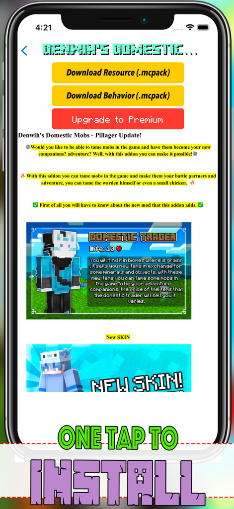 Monster Add-ons for Minecraft - Mobile screenshot showing Minecraft add-on download page with a one tap to install button.